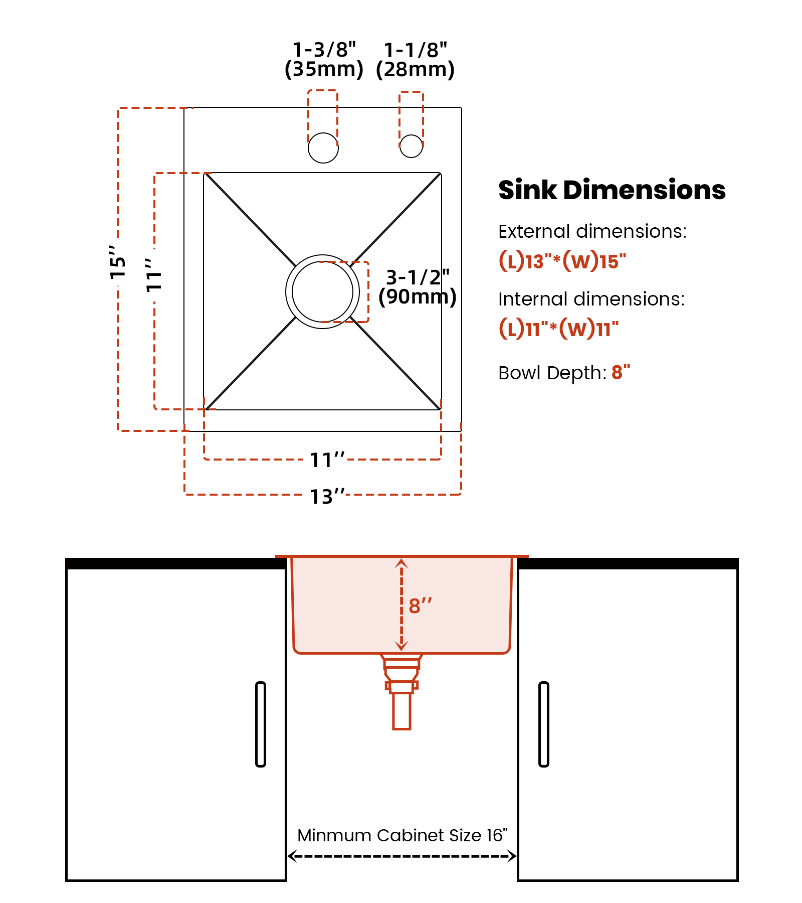 JIMU 13 x 15 x 8-Inch Drop-in Bar Sink, 304 Stainless Steel - Image 2