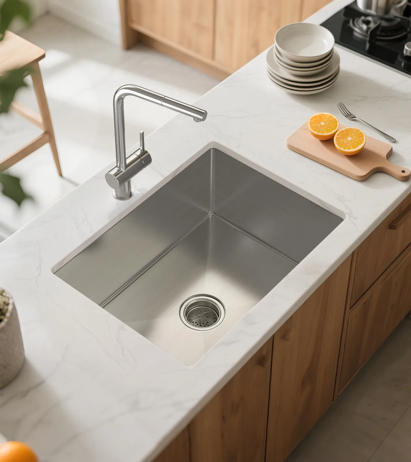 Undermount stainless steel sink installed in a kitchen island