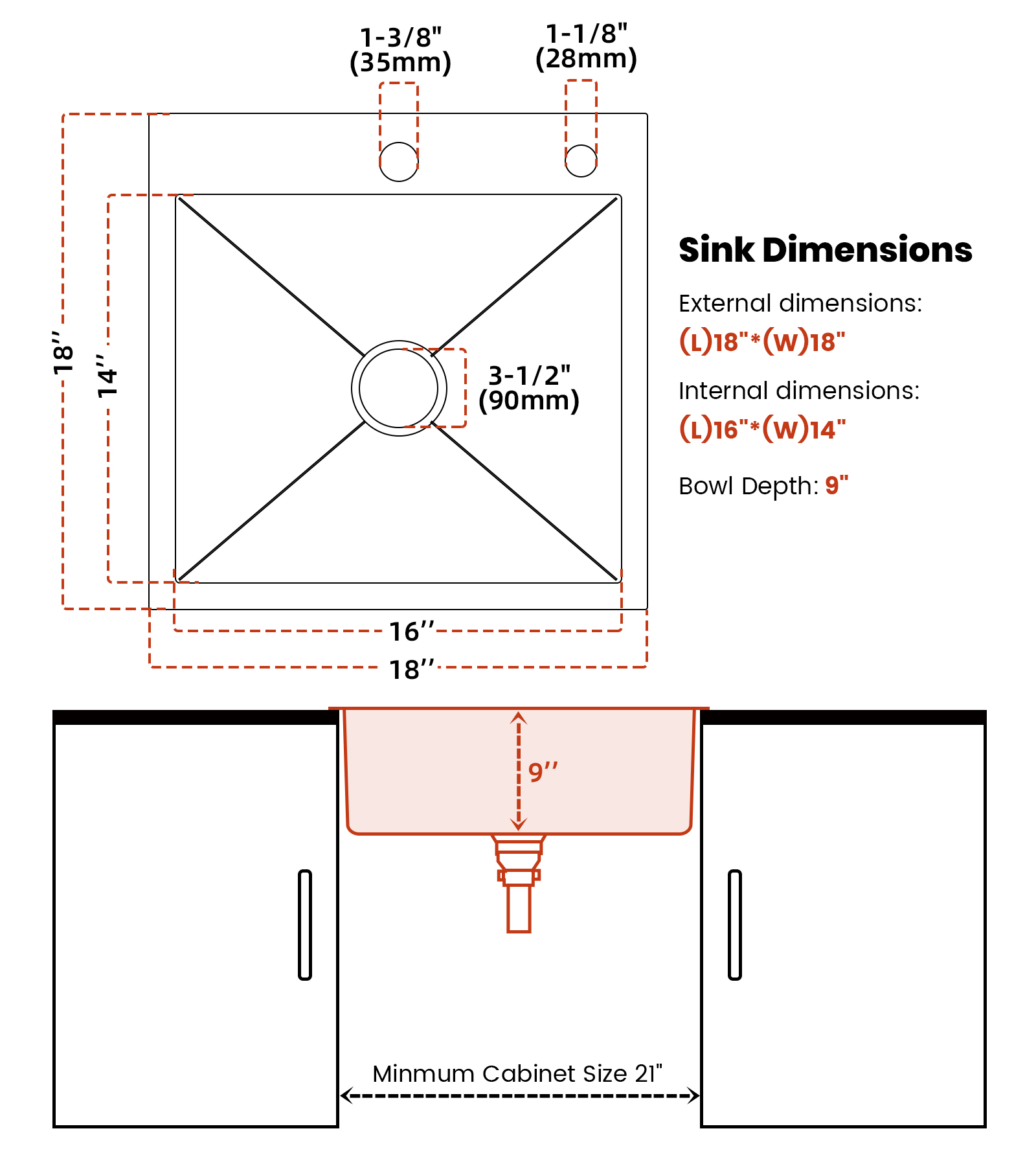 JIMU 18 x 18 x 9-Inch Drop-in Bar Sink, 304 Stainless Steel - Image 2